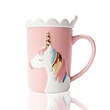 Tazas Lindas Taza de cerámica con Unicornio Taza de café Divertida Personalizado Único Leche Tazas de té con Tapa de Encaje y Cuchara para niños, Mujer, Muchachas (Rosado)