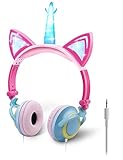 ONTA Auriculares para Niños con Orejas de Gato Iluminados con LED Plegables sobre Oído, Auriculares Resplandor Unicornio para Niños para la Escuela, la Casa, Cable Sin Enredos (Polvo Azul)