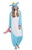 DELEY Unisexo Adulto Animal Disfraz Azul Unicornio Enterizo de Pijamas Halloween Carnaval Ropa de Dormir con Capucha M