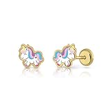 Pendientes Oro de Ley Certificado/Niña/Mujer. Diseño Unicornio. Cierre de seguridad a rosca. Medida 7.5x8 mm. (4-4908)