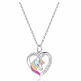 Regalo de niña Unicornio, Collar de niña Unicornio, Regalo de Dama Unicornio, Regalo de cumpleaños de niña con Colgante de corazón (Plata)