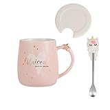 Taza de café de cerámica con forma de corazón rosa con cuchara de unicornio 3D, taza de té con leche para el día de San Valentín para mujeres y niñas, 380 ml