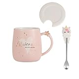 Taza de café de cerámica con forma de corazón rosa con cuchara de unicornio 3D, taza de té con leche para el día de San Valentín para mujeres y niñas, 380 ml