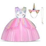 URAQT Disfraz de Unicornio, Vestido de Princesa Unicornio para Niñas, Vestido Elegante con Collar/Diadema para Cumpleaños/Cosplay/Boda, Edad 2-10 Años (Rosado, 110cm)