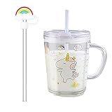 Banzimiao Taza de Leche Niños con Pajita, Vaso de Cristal con Pajita y Tapa Vaso Medidor de Vidrio Puntas de Silicona para niños, vaso de flujo con pajita para niños pequeños, unicornio 350ML