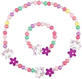 Meet-shop Colgante Unicornio Niñas Collar Pulsera Set, Niños Unicornio Joyas de Madera Kit Collar de Cuentas de Madera Elásticas Unicornio Princesa Beads Regalo para la Fiesta de Cumpleaños Pretender