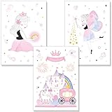 PREMYO Cuadros Infantiles Habitación Niña - Láminas Decorativas para Enmarcar - 3 Póster Princesa Castillo Rosa A4