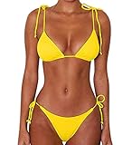 JFAN Bikini de Lazo Acanalado para Mujer Traje de Baño Brasileño con Parte Inferior Descarada(Amarillo,M)