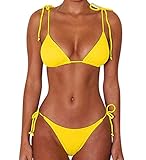 JFAN Bikini de Lazo Acanalado para Mujer Traje de Baño Brasileño con Parte Inferior Descarada(Amarillo,M)