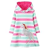 FILOWA Vestidos con Capucha Unicornio Lentejuelas Rosa Verde Raya Niñas Sudadera con Capucha Algodón Otoño Largo Túnica Pullover Tops Manga Larga Suéter 6-7 años