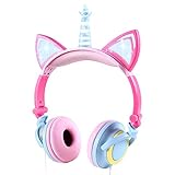 sunvito Auriculares Niños de Unicornio - Cascos Niña con luz LED, Plegables, Ligeros, con Cable de Audio de 3,5 mm para Smartphone, Tablet, Portátil, Ordenador