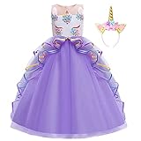 JerrisApparel Disfraz Unicornio Niña Maxi Fiesta Princesa Flor Vestido (11-12 años, Morado)