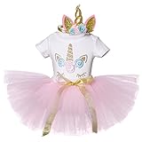 NNJXD Unicornio Arco iris Tutú Primer Cumpleaños Trajes de 3 piezas Mameluco + Falda + Diadema de oro Tamaño (1) 1 año rosa