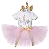 NNJXD Unicornio Arco iris Tutú Primer Cumpleaños Trajes de 3 piezas Mameluco + Falda + Diadema de oro Tamaño (1) 1 año rosa