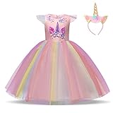 NNJXD Vestido de Unicornio para niñas Fiesta de Apliques de Flores Cosplay Disfraz de Halloween + Gorros Tamaño (150) 9-10 años 437 Rosa-A