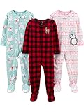 Simple Joys by Carter's Pijama con Pies de Forro Polar de Ajuste Holgado Bebé Niña, Pack de 3, Cuadros de Vichy/Pingüino/Unicornio, 18 Meses