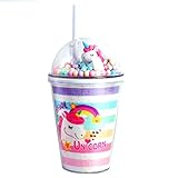 Botella de agua para niños, diseño de unicornio, con purpurina y doble pared, taza de viaje con tapa y pajita, 380 ml, reutilizable, libre de BPA, para fiestas de verano y regalos (A)