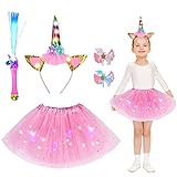 Hereneer Disfraz de Unicornio para Niña, Falda Tutu Unicornio, Diademas Unicornio Luz, Varilla Luminosa LED de Unicornio, Pinzas de Pelo de Unicornio, Traje Unicornio Niña Cumpleaños Carnaval Cosplay