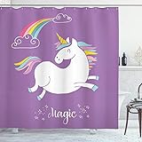 ABAKUHAUS Unicornio Cortina de Baño, Púrpura del Arco Iris de los niños, Material Resistente al Agua Durable Estampa Digital, 175 x 180 cm, Lavanda Blanca