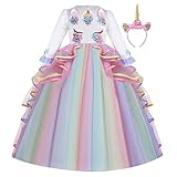 CinheyU Niñas Disfraz de Carnaval Manga Larga Vestido de Unicornio Princesa Cumpleaños Boda Fiesta de Cosplay para Chicas Navidad Bautizo Comunión Flor Vestidos de Baile con Diadema Arcoiris 4-5