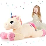 Animales de Peluche de Unicornio de 32 Pulgadas Juguetes de Unicornio Gigante de Peluche Cojín de Felpa de Gran Tamaño Beige Lindo Almohada Grande y Suave para Decoración de Cumpleaños