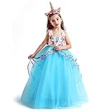 Vestido Unicornio De Niñas Hermosos Apliques de Volantes Disfraz de Fiesta fantástica + Headwear Talla (130) 5-6 años Púrpura