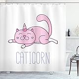 ABAKUHAUS Gato del Unicornio Cortina de Baño, Mascot Rosado Divertido, Material Resistente al Agua Durable Estampa Digital, 175 x 200 cm, Rosa Lila Blanca