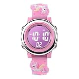 Weayege Reloj Digital para Niños Niña, Luz Intermitente LED de 7 Colores Reloj de Pulsera Niña Multifunción, para Niños de 3 a 15 años,Alarma Cronómetro retroiluminación Impermeable (Unicornio Rosa)