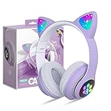 Auriculares para Niños Inalámbricos con Luz LED, Auriculares de Diademacon Orejas de Gato para Niñas, Bluetooth Plegables Auriculares con Micrófono para TV Regalo para Cumpleaños/Navidad (Violeta)