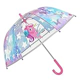 PERLETTI Paraguas Niña Unicornio Transparente y Lila - Sombrilla con Estrellas a Cúpula Antiviento - Paraguas Manual Resistente con Detalles Reflectantes - Pequeñas 3/5 Años - Diám 64 cm (Reflectante)