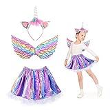 Disfraz de unicornio para niñas de 3 piezas MEZZOM Falda unicornio para niñas con diadema de unicornio Vestido de tutú Falda de alas de arco iris para fiestas de cumpleaños（Macaron）