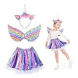 Disfraz de unicornio para niñas de 3 piezas MEZZOM Falda unicornio para niñas con diadema de unicornio Vestido de tutú Falda de alas de arco iris para fiestas de cumpleaños（Macaron）