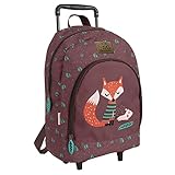 PERLETTI Mochila con Ruedas Niño Niña con Zorro Erizo - Mochila Trolley con Detalles Reflectantes para Guardería y Viaje - Trolley Infantil Marrón Correas Ajustables - 36x25x15cm (Zorro y Erizo)