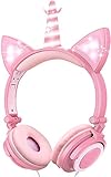 VERORAS Auriculares Infantiles con diseño de Unicornio y Gato Iluminado, con luz LED, Ajustable, Plegables, 85 dB de Volumen Limitado (Pétalo Rosa Unicornio)