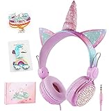 Auriculares Unicornio para Niños - Auriculares con Oreja para Niñas Auriculares Lindos con Orejas de Gato con Cable Auriculares para niñas para Cumpleaños/Halloween/Navidad/Volver a la Escuela (Rosa)