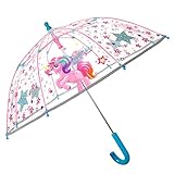 PERLETTI Paraguas Transparente Unicornio Niña con Estrellas – Paraguas Burbuja Azul y Rosa con Detalles Reflectantes – Sombrilla Lluvia con Apertura Manual para Niñas 3/5 Años – Diámetro 64 cm