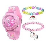 Mamiddle Reloj Deportivos Digital para Niño Niña Reloj Infantil Impermeable 3ATM con Alarma Fecha Cronómetro 7 Luces traseras LED (Set Unicornio Rosa)