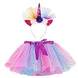 PHOGARY Falda de tutú con Capas de Arco Iris para niñas pequeñas - Vestido de Ballet de Tul de Princesa para niñas pequeñas con Diadema de Cuerno de Unicornio