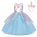 NNJXD Vestido de Unicornio para niñas Fiesta de Apliques de Flores Cosplay Disfraz de Halloween + Gorros Tamaño (120) 4-5 años Azul