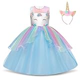 NNJXD Vestido de Unicornio para niñas Fiesta de Apliques de Flores Cosplay Disfraz de Halloween + Gorros Tamaño (120) 4-5 años Azul