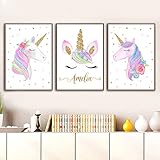 Lote de 3 Laminas Unicornios para Niñas Cuadro Nombre Personalizado Bebe Poster Colores Vivos Lienzo Decorativo para Pared Habitación Infantil 30 x 40 cm Regalo sin Marco