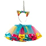 FENICAL Disfraz de Unicornio para Niñas Diadema Unicornio Floral con Oreja y Falda Tutú de Arco Iris Disfraz para Fiesta Azul Cielo Tamaño S