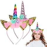 HONGECB Unicornio Cuerno Diadema con Flores, Diadema Unicornio Mujer, Unicornio Cuerno Diadema con Flores, con accesorios para el pelo y orejas, para Pascua, cumpleaños, Cosplay, 2 Piezas, B