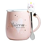 Linda taza unicornio Cerámico café Té Taza de leche tazas divertidas Taza novedosa con tapa y cuchara Regalos para Bodas Cumpleaños Días festivos para Mujer Chicas Amantes Amigos Madre Niños (Rosado)