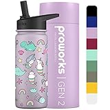 Proworks Gen 2 Botella Agua Acero Inoxidable con Pajita 540ml Botella Termica para 24 Horas de Frío, 12 Horas de Calor Agua a Prueba de Fugas para el Trabajo Viajes Lavanda Pastel Sirenas, Unicornios