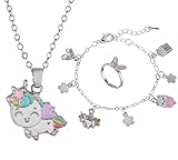 vammy Conjunto de bisutería de tres piezas Unicornio - Collar con colgante, Pulsera con dijes brillantes y Anillo para Niñas. Unicornios para niñas. Regalos unicornios para niñas