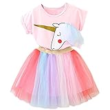 TTYAOVO Vestido Unicornio para Niñas con Tops Estampados de Unicornio y Faldas de Tutú de Arco Iris, Trajes de Tul de Algodón de Tul para Niños de 2-3 años(Talla100) 408 Rosa