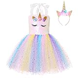 FONLAM Vestido Disfraz de Unicornio Niña Bebé Vestido Princesa Fiesta Carnaval Bautizo Tutú Infantil Flores Niña (Luna y Estrella, 5-6 Años L)