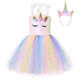 FONLAM Vestido Disfraz de Unicornio Niña Bebé Vestido Princesa Fiesta Carnaval Bautizo Tutú Infantil Flores Niña (Luna y Estrella, 5-6 Años L)