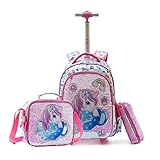 2022 Mochilas Escolares con Ruedas para Niñas, 32L Mochila Ruedas Niña, 3PCs Carro Mochila Escolar con Bolsa Térmica Estuche Escolar para Primaria Viaje, 6-12 Años, Unicornio Rosa